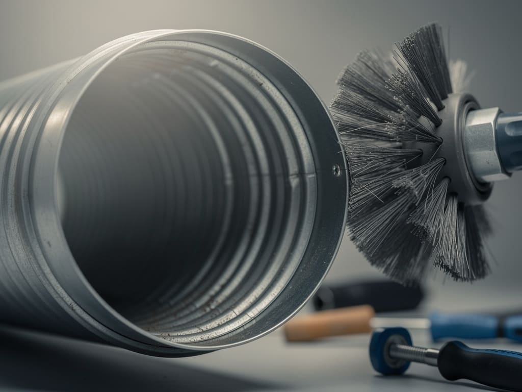 Interno di un condotto dryer vent pulito con strumenti professionali