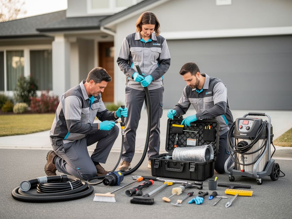 Squadra tecnica che prepara attrezzature per pulizia di condotti e dryer vent